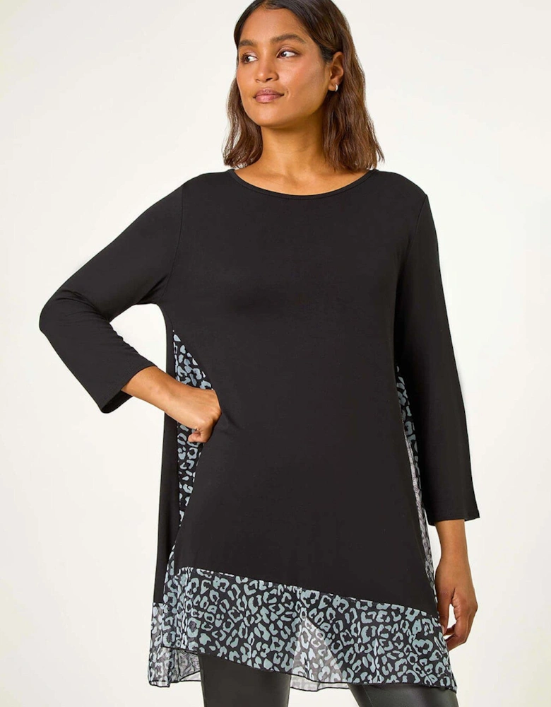 Animal Print Contrast Mesh Hem Stretch Top - Black