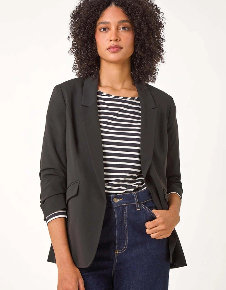 Ruched 3/4 Sleeve Stretch Blazer - Black