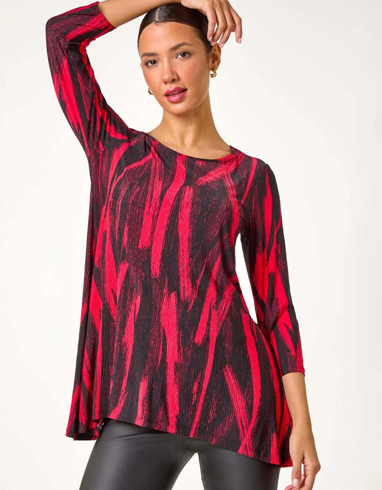 Brush Print Hanky Hem Stretch Tunic Top - Red