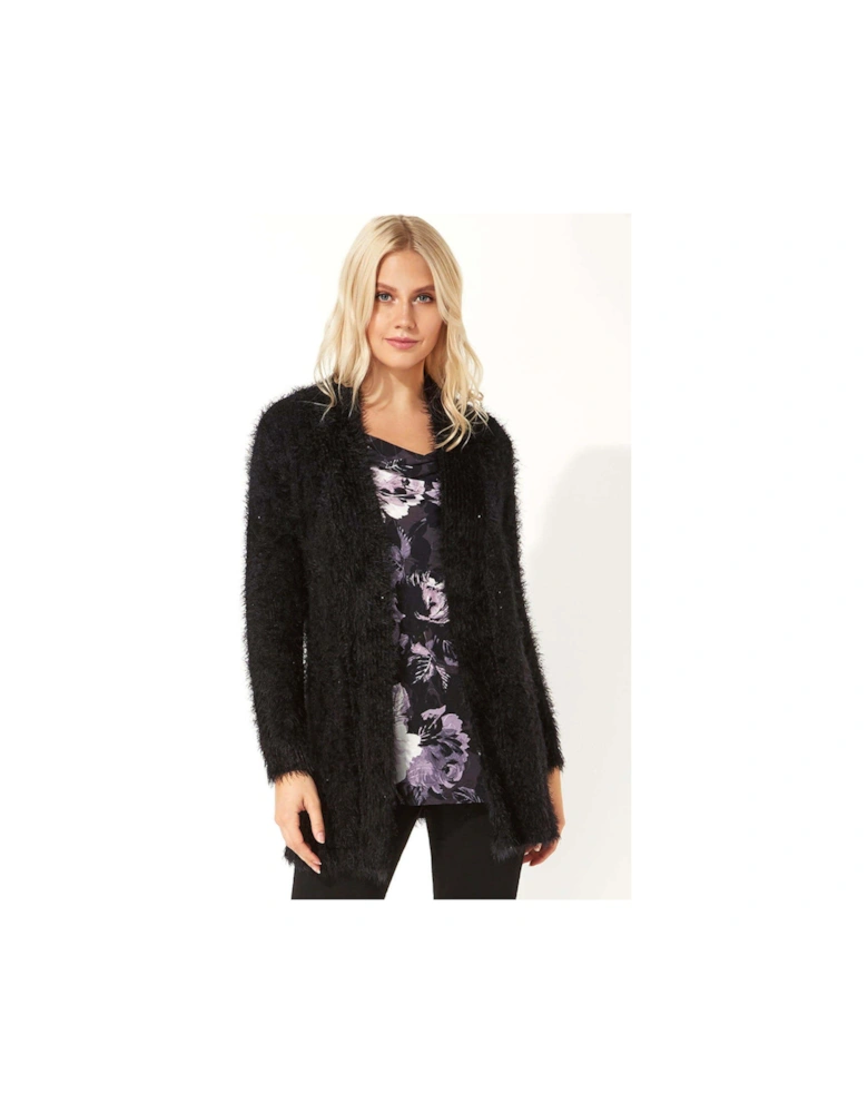 Fluffy Long Sleeve Cardigan - Black