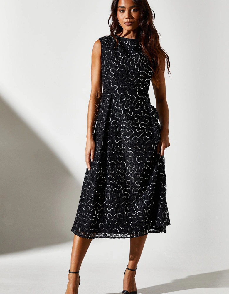 Petite Sequin Lace Printed Fit & Flare Midi Dress