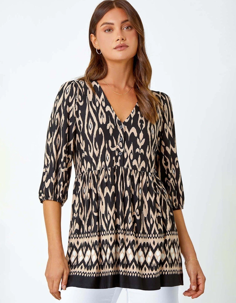 Aztec Print V-neck Stretch Tunic Smock Top - Black