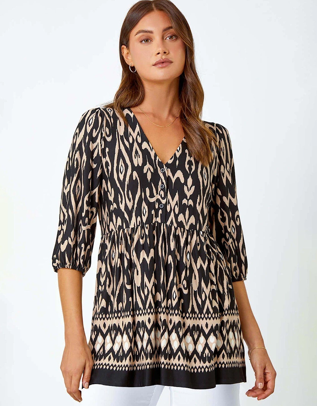 Aztec Print V-neck Stretch Tunic Smock Top - Black, 2 of 1