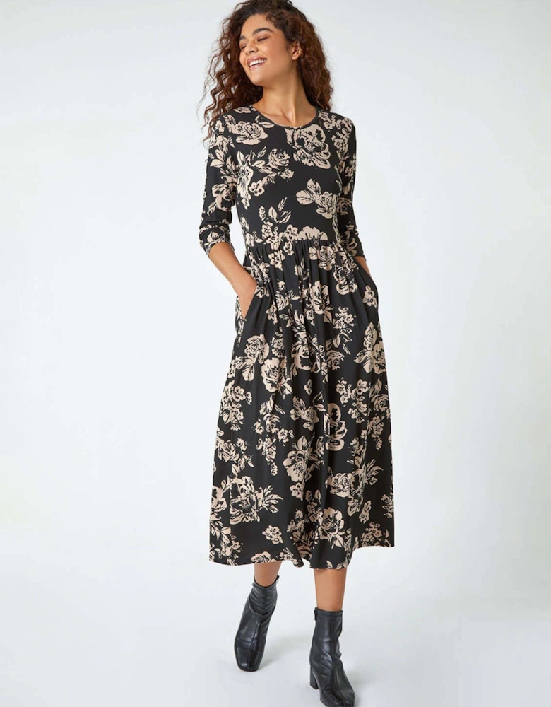 Floral Pocket Stretch Midi Dress - Black