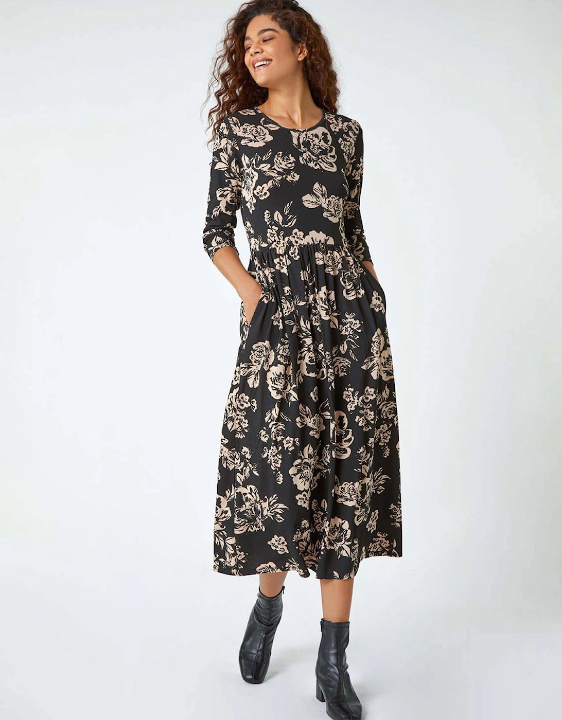 Floral Pocket Stretch Midi Dress - Black, 2 of 1