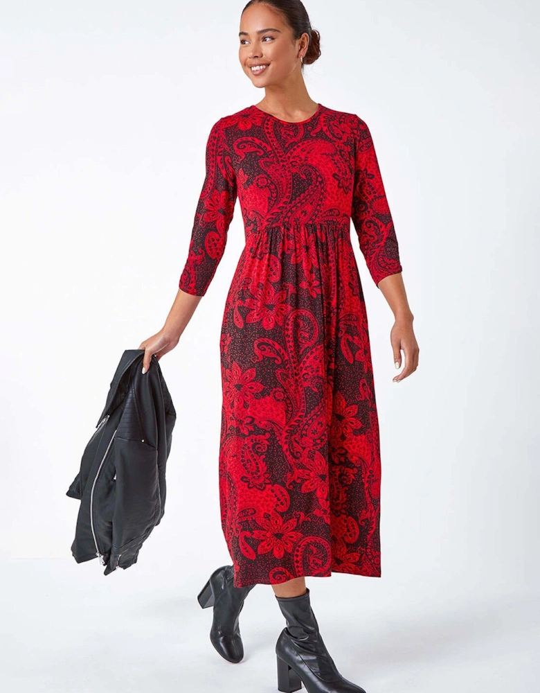 Petite Paisley Print Midi Stretch Dress - Red