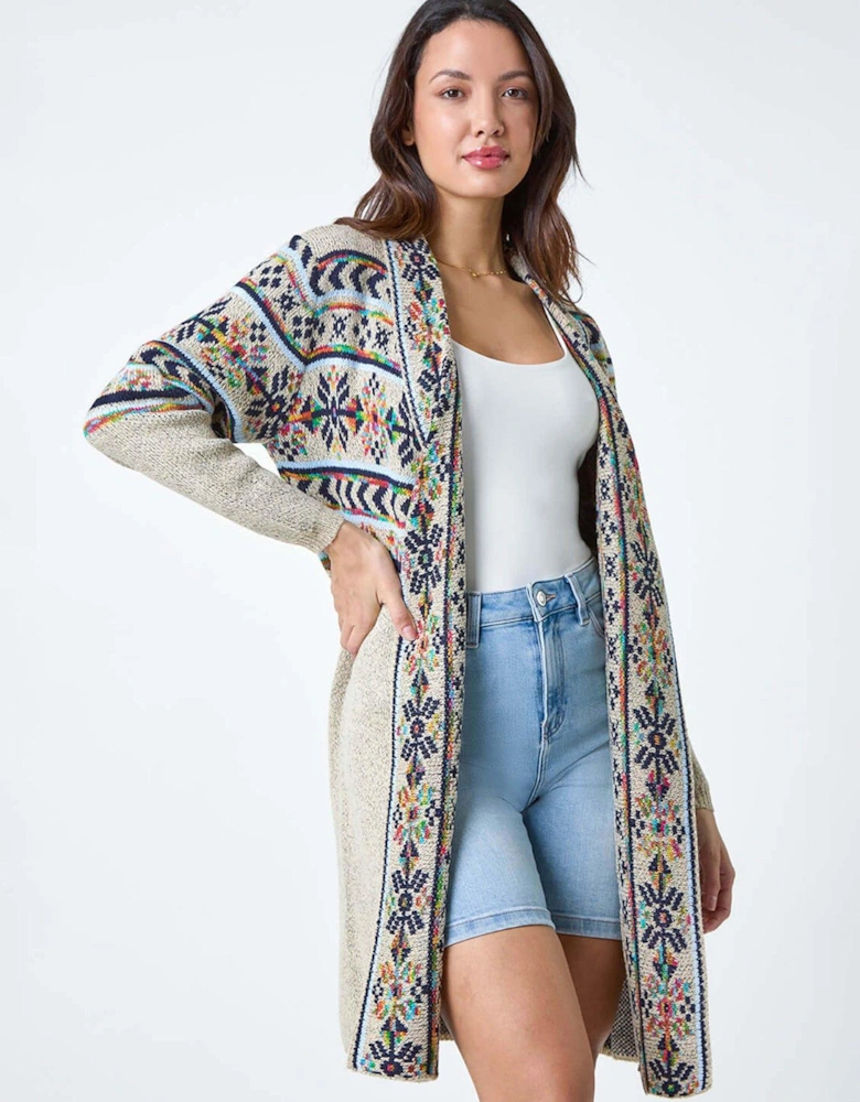 Nordic Patterned Longline Cardigan - Natural