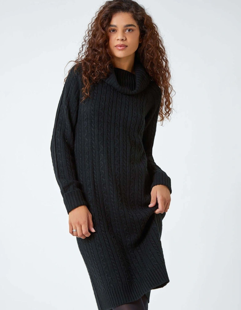 Roll Neck Knitted Jumper Dress - Black