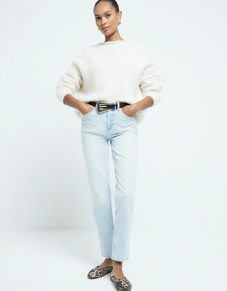 High Waist Slim Straight Jeans - Light Blue