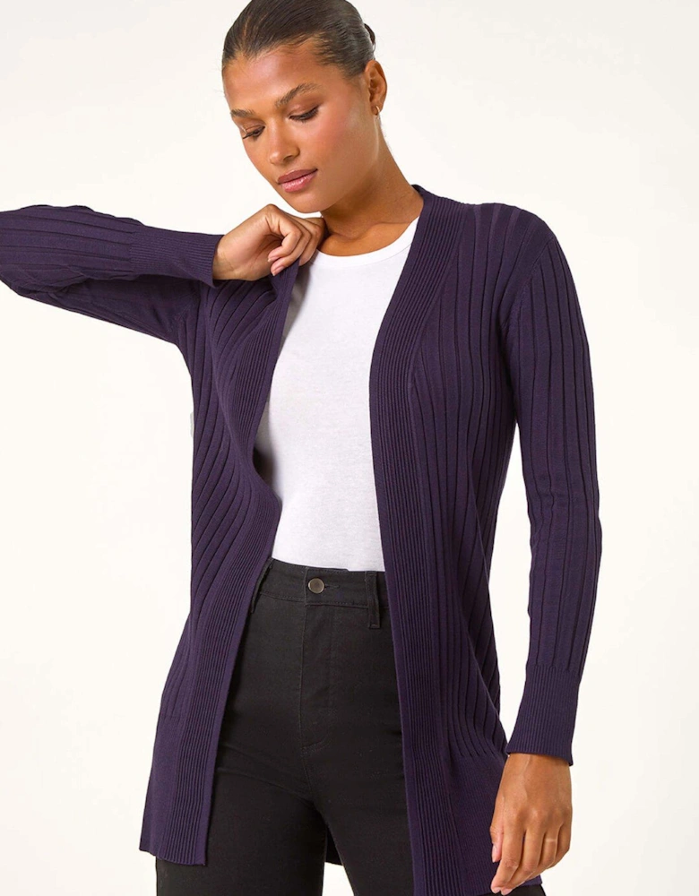 Longline Stretch Ribbed Cardigan - Purple