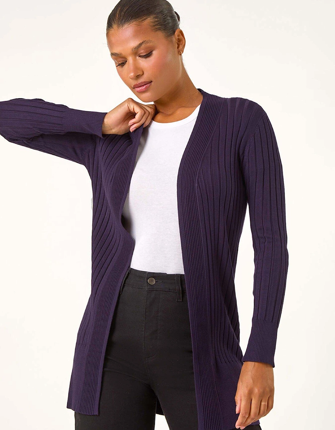 Longline Stretch Ribbed Cardigan - Purple, 2 of 1