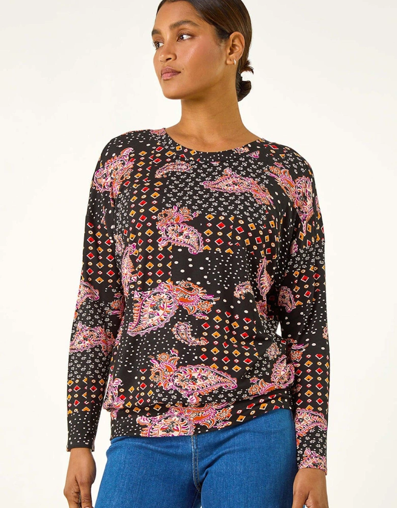 Banded Paisley Stretch Top - Orange