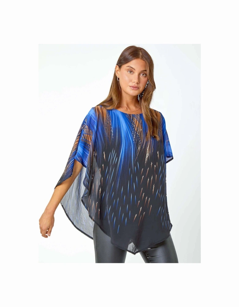 Abstract Stretch Chiffon Overlay Top - Blue