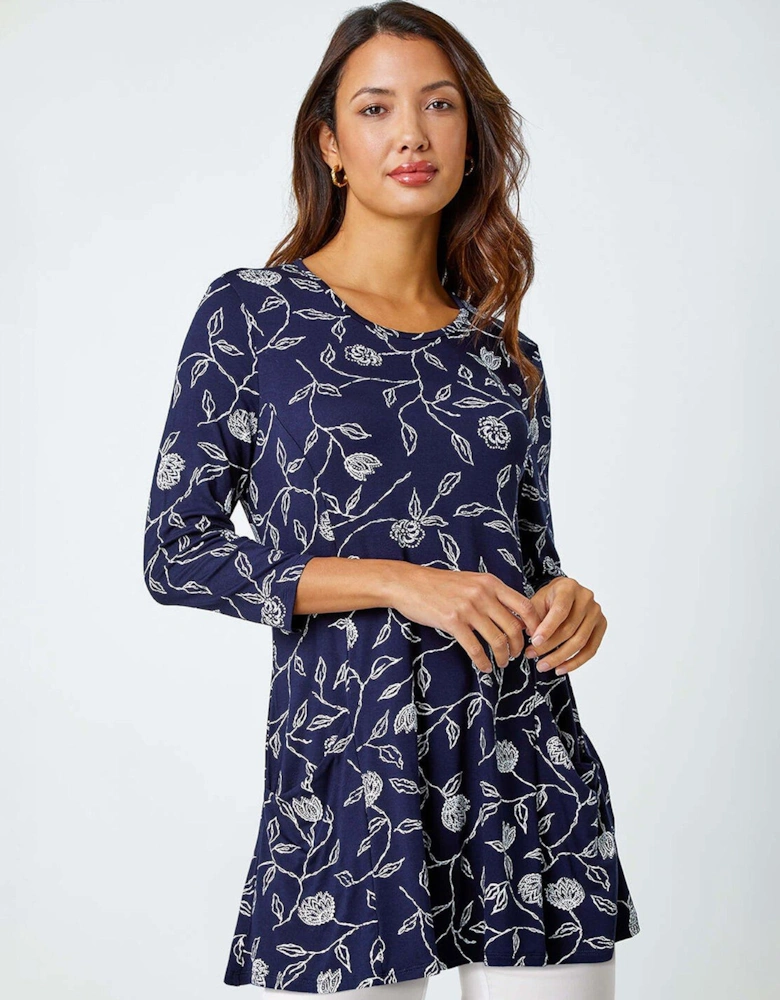 Floral Print Pocket Swing Stretch Top - Navy