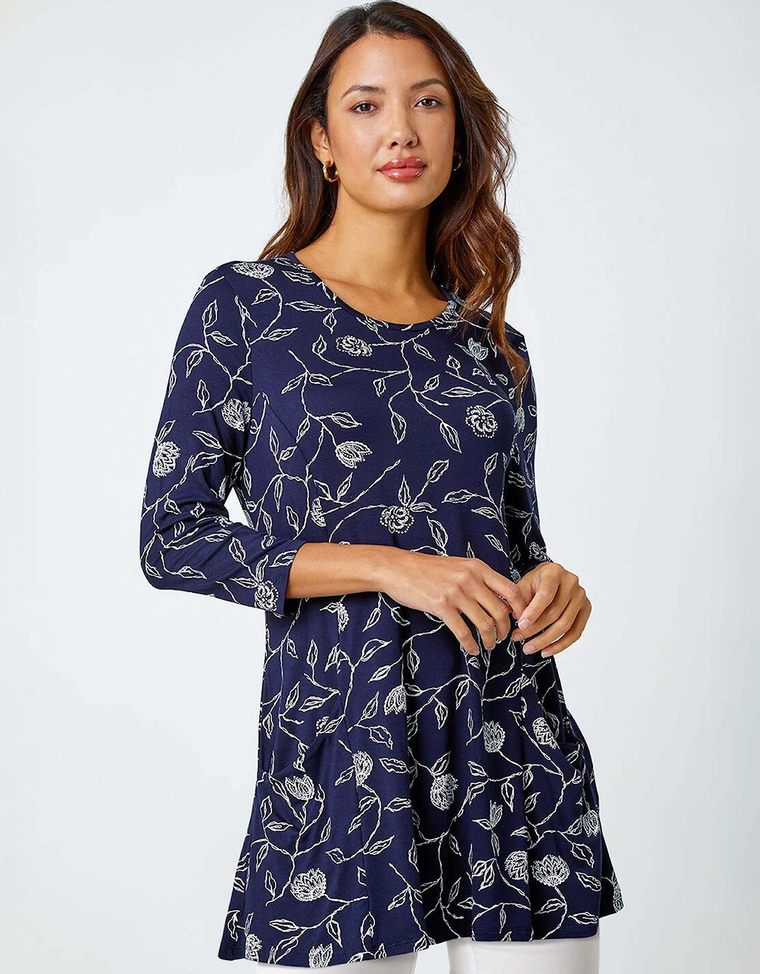 Floral Print Pocket Swing Stretch Top - Navy, 2 of 1