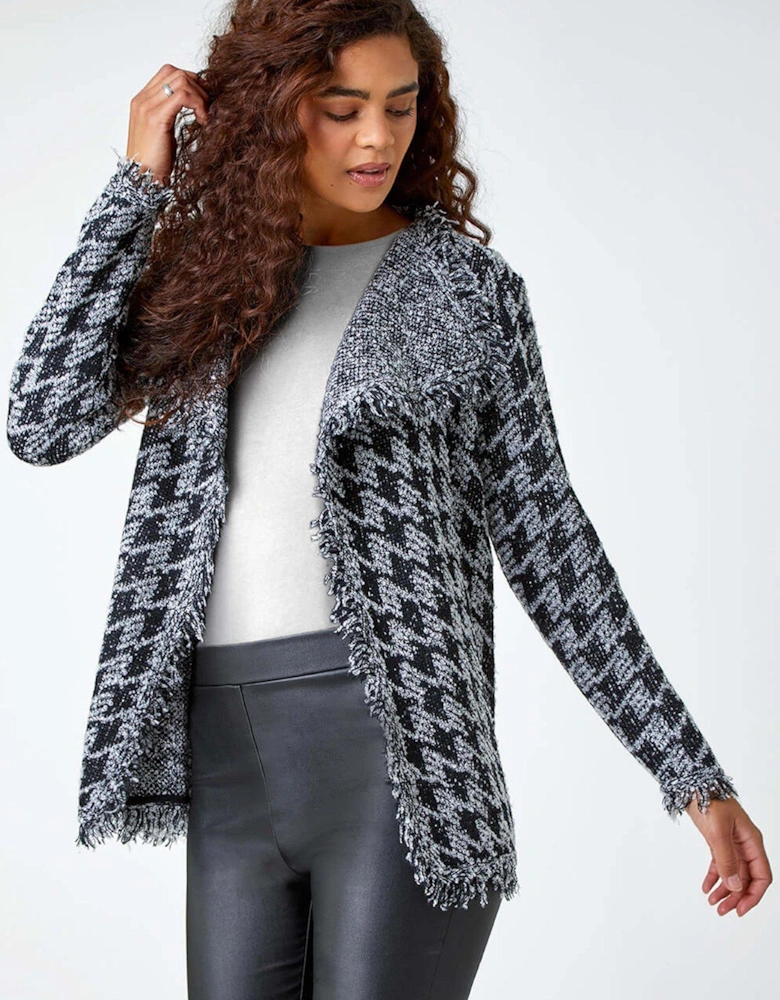 Houndstooth Fringed Cardigan - Black