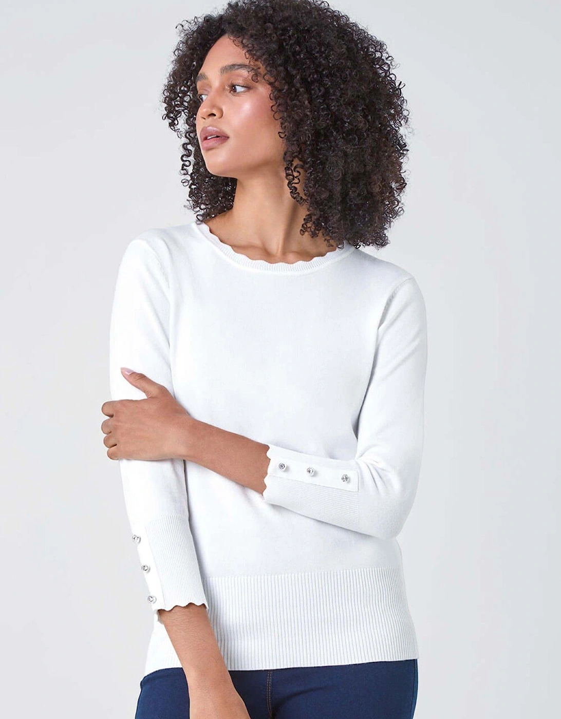 Diamante Button Scallop Edge Jumper - Ivory, 2 of 1