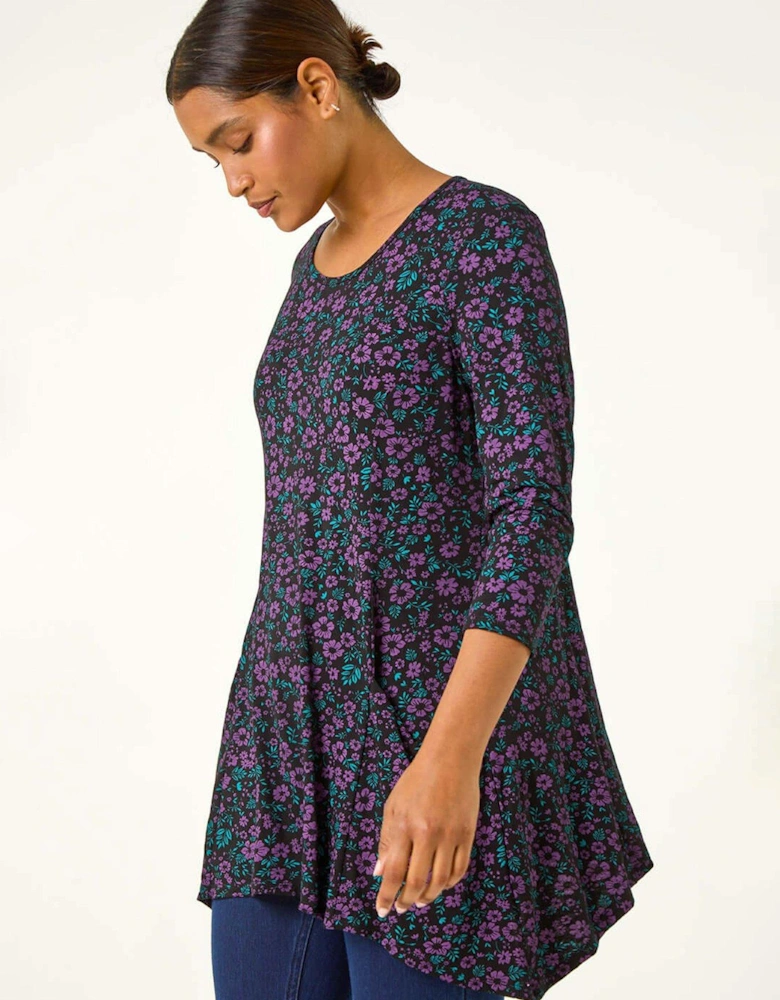 Ditsy Floral Stretch Tunic Top - Purple