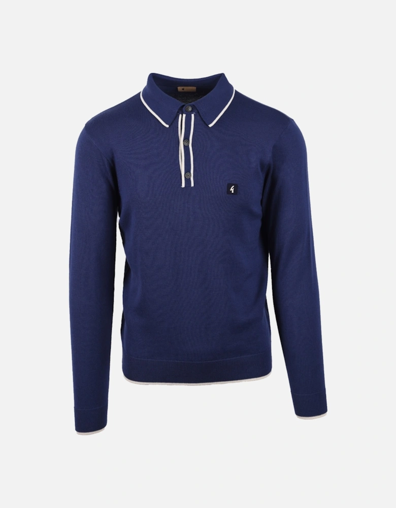 Vintage Lineker Long Sleeved Knitted Polo Storm Blue