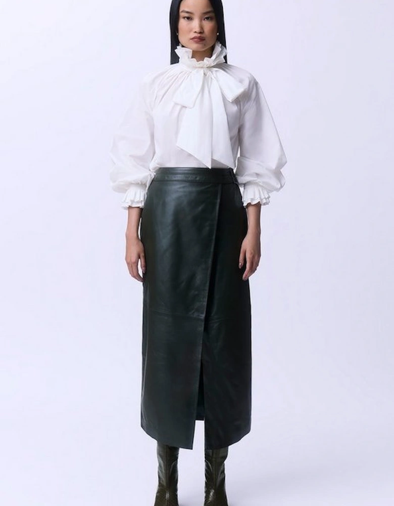 Leather Double Waistband A-Line Midi Skirt