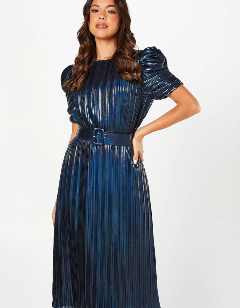 Party Metallic Pleated Midi Dress With Puff Sleeve