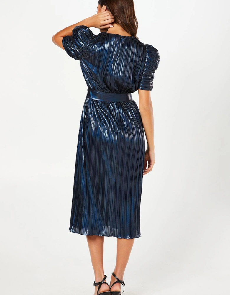 Party Metallic Pleated Midi Dress With Puff Sleeve