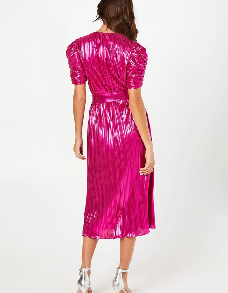 Party Metallic Pleated Midi Dress With Puff Sleeve