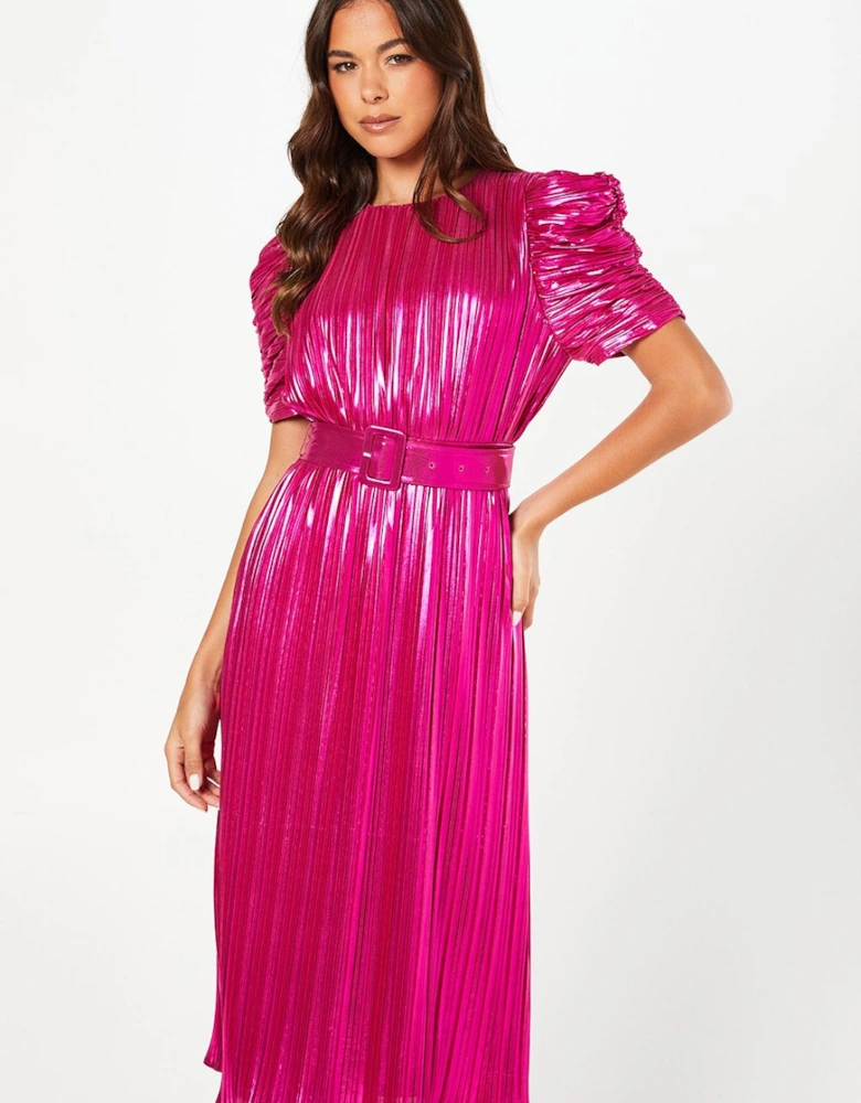 Party Metallic Pleated Midi Dress With Puff Sleeve