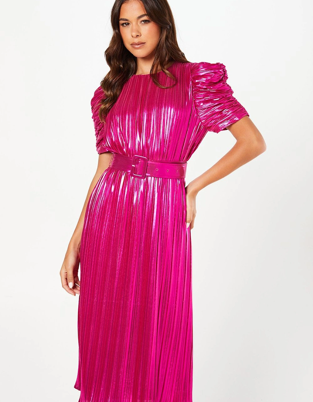 Party Metallic Pleated Midi Dress With Puff Sleeve