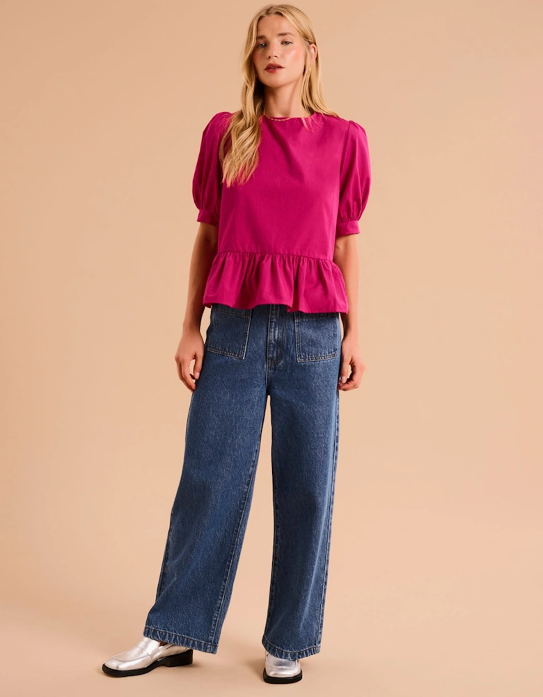 Ellie Frill Hem Puff Sleeve Cotton Blouse in Magenta