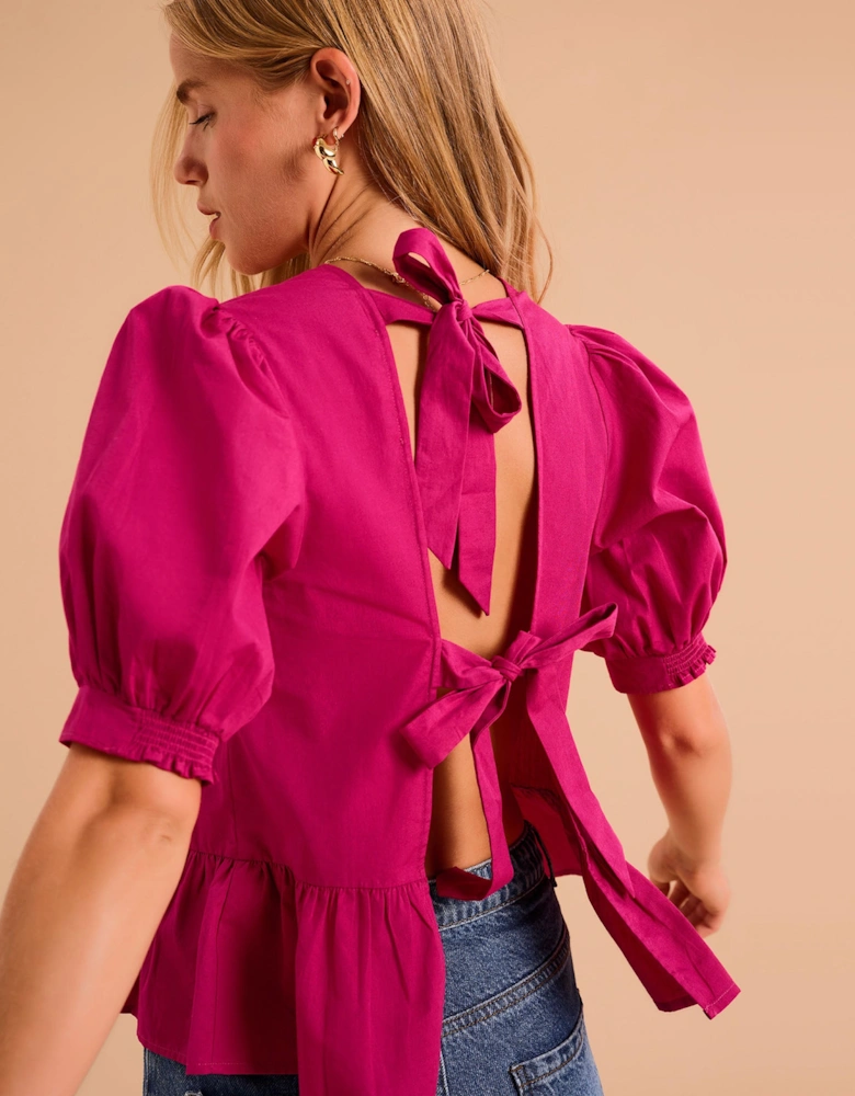 Ellie Frill Hem Puff Sleeve Cotton Blouse in Magenta