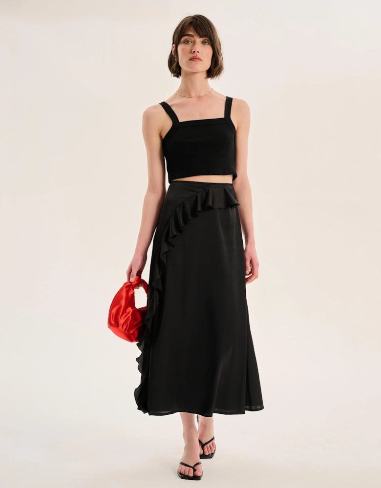 Udita Ruffle Detail Midi Satin Skirt in Black