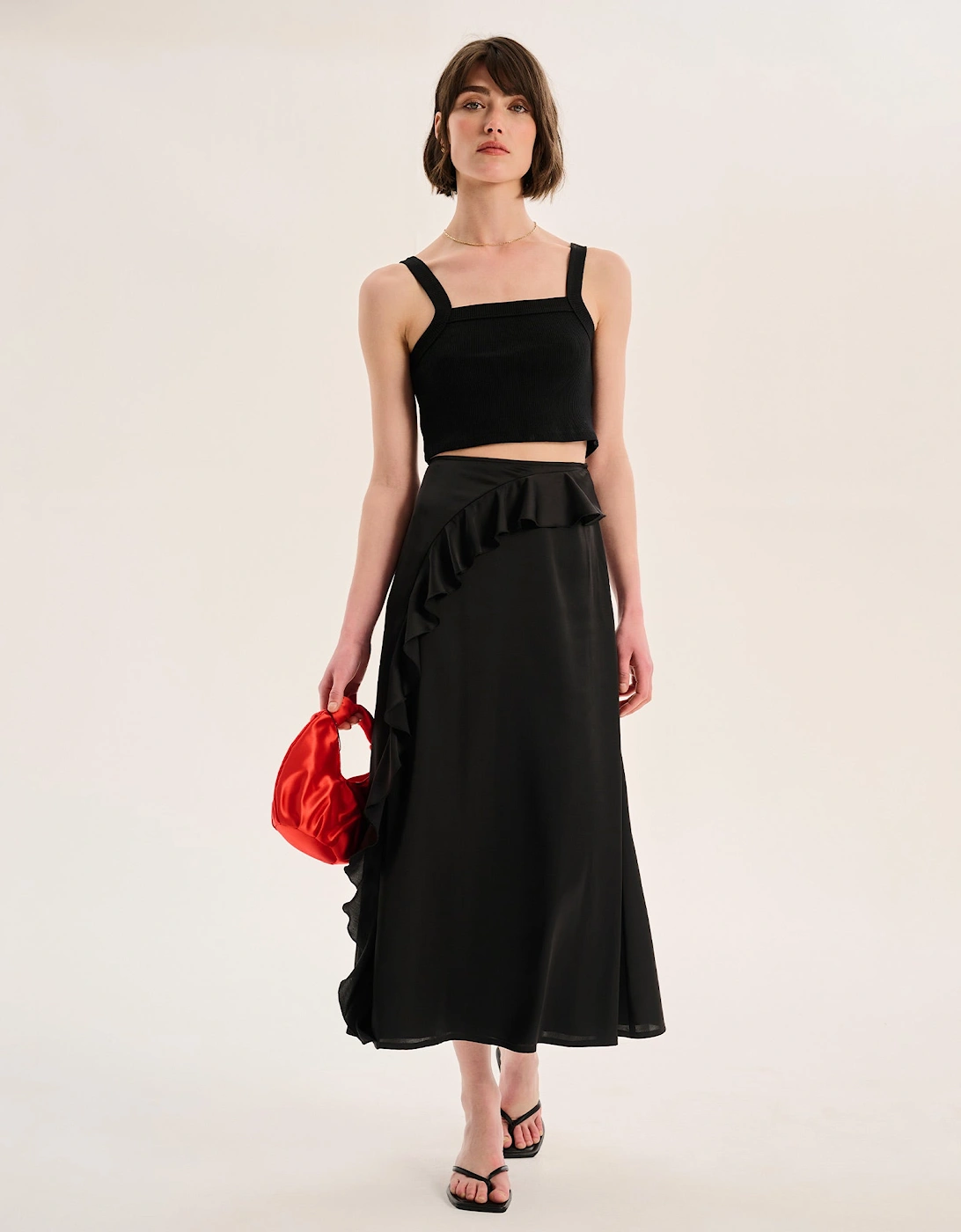 Udita Ruffle Detail Midi Satin Skirt in Black, 6 of 5