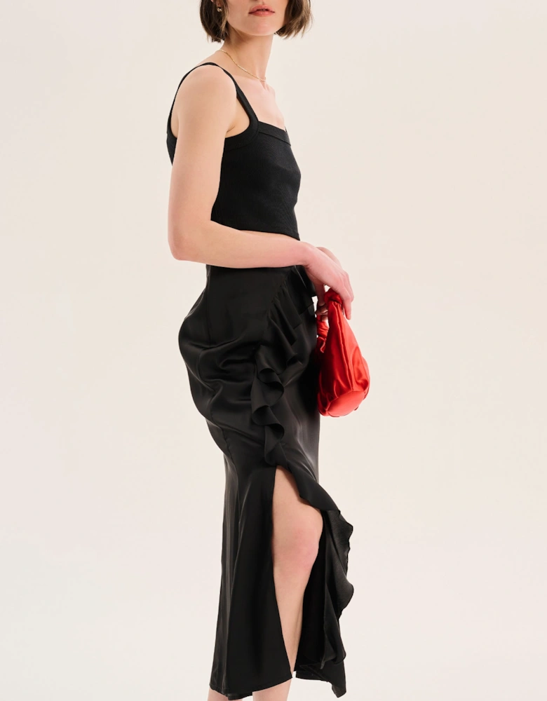 Udita Ruffle Detail Midi Satin Skirt in Black