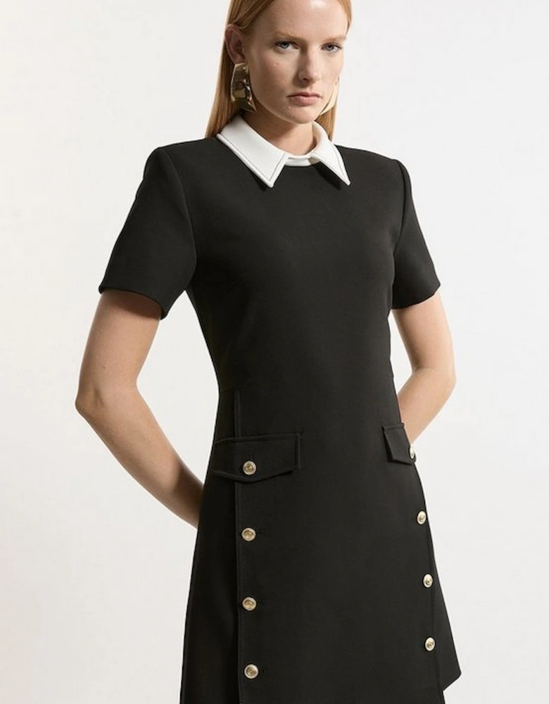 Compact Stretch Tailored Collared Button Detail Mini Dress