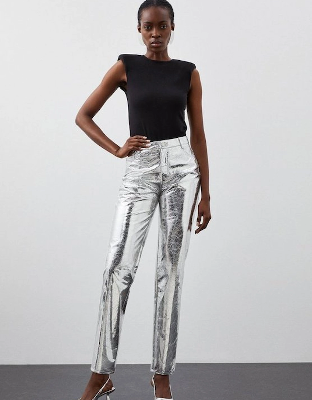 Tall Metallic Faux Leather Straight Trousers, 4 of 3