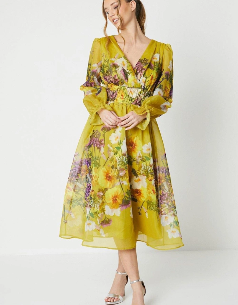 Printed Blouson Sleeve Organza Midi Dress