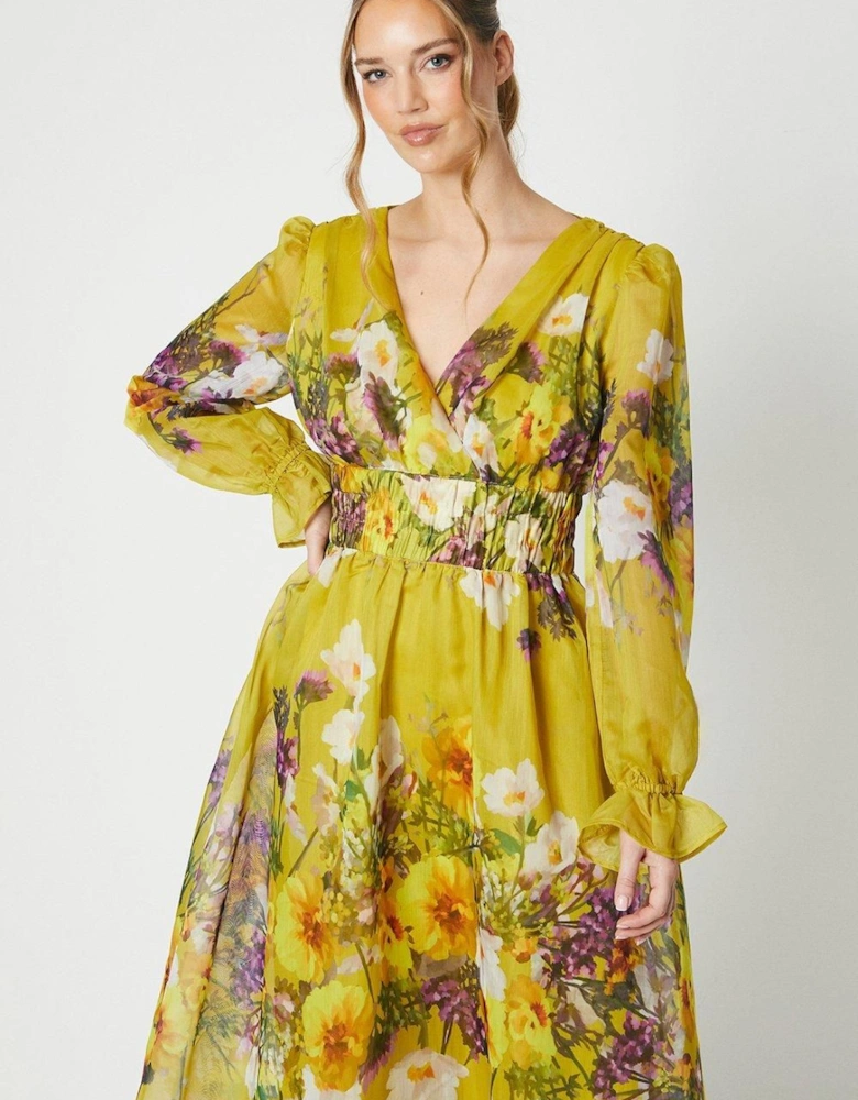 Printed Blouson Sleeve Organza Midi Dress