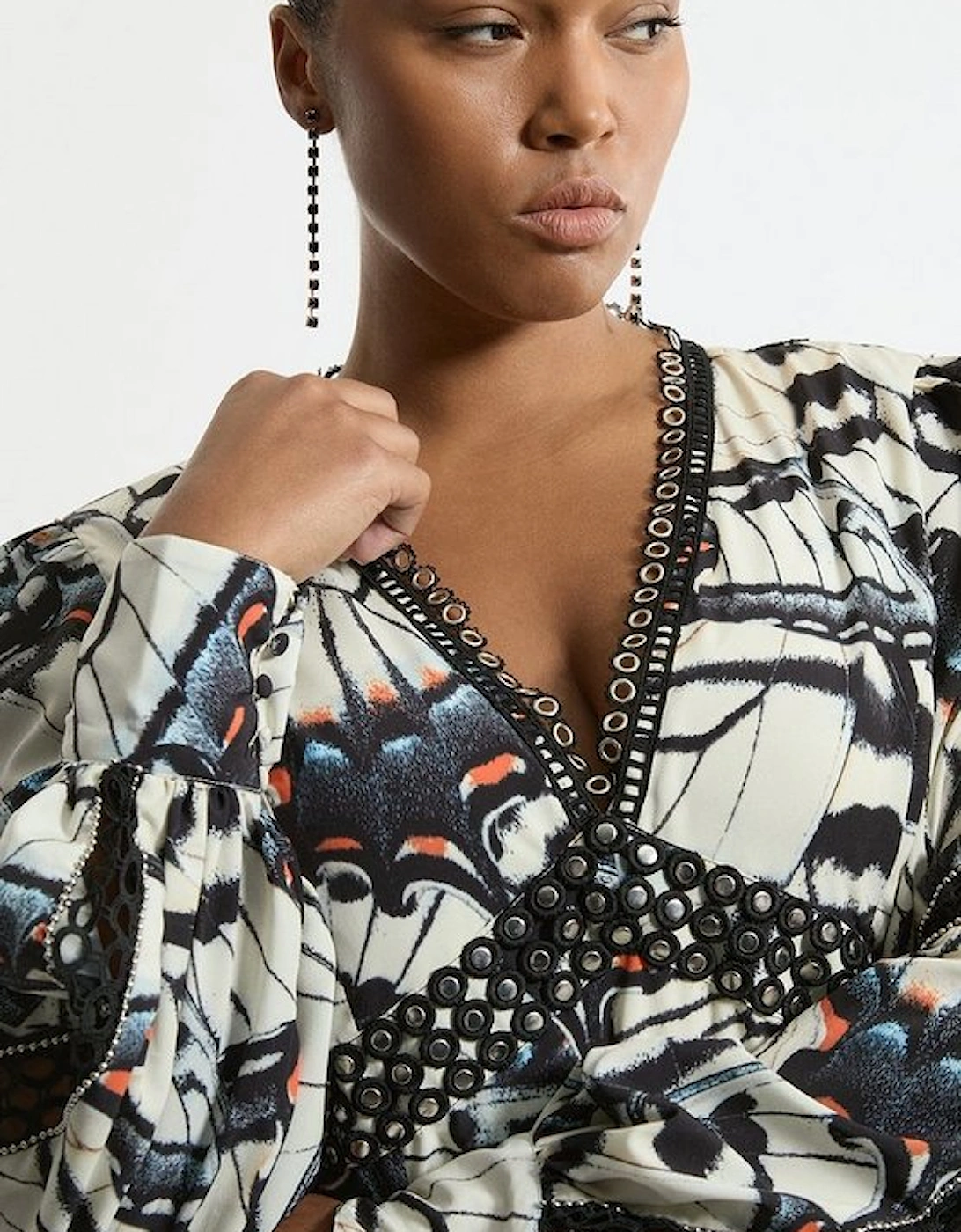 Plus Size Butterfly Print Lace Insert Trim Woven Maxi Dress