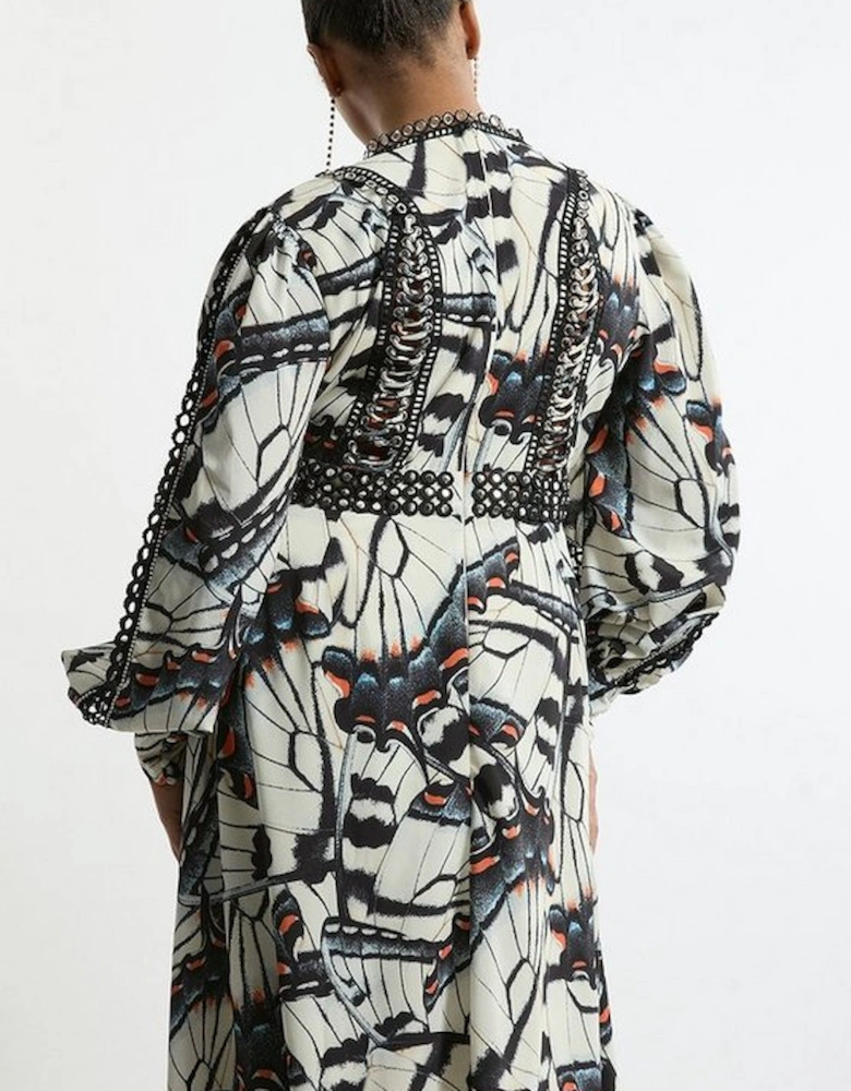 Plus Size Butterfly Print Lace Insert Trim Woven Maxi Dress