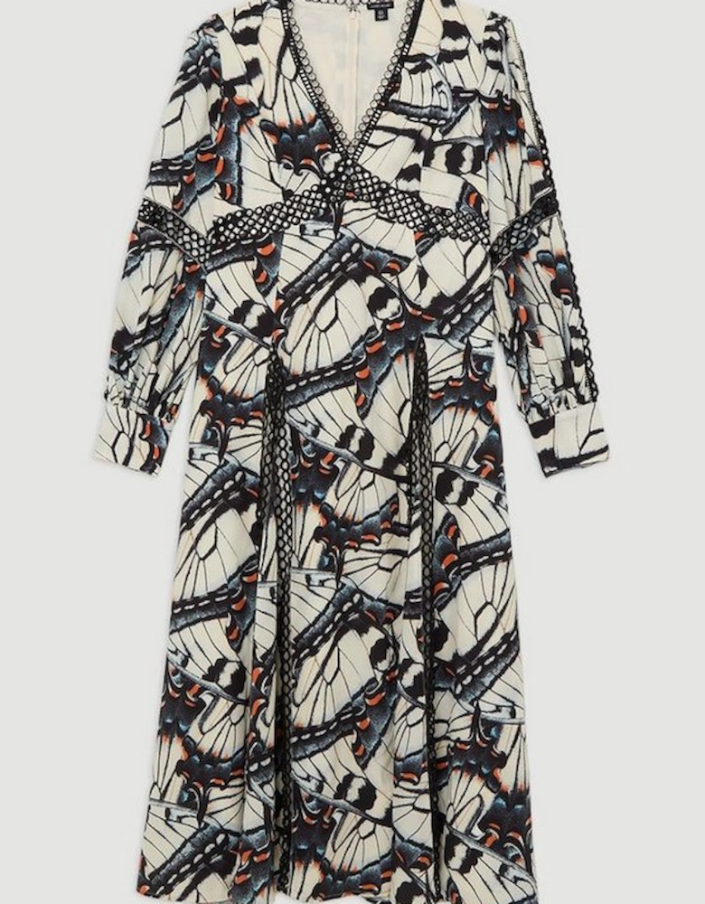 Plus Size Butterfly Print Lace Insert Trim Woven Maxi Dress