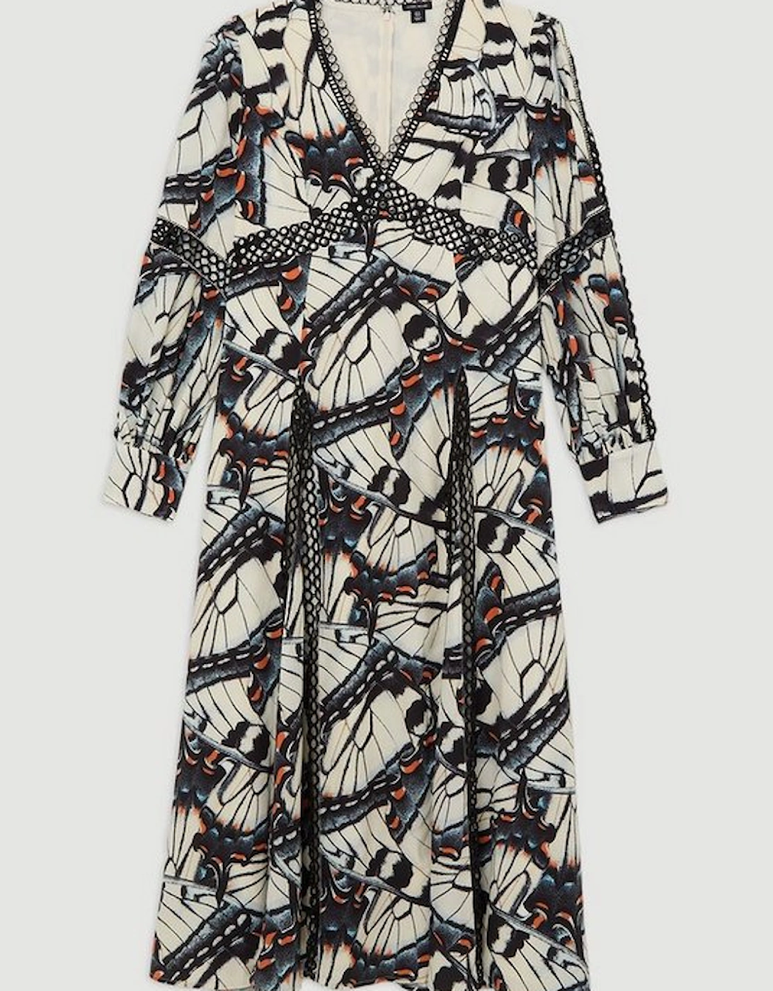 Plus Size Butterfly Print Lace Insert Trim Woven Maxi Dress