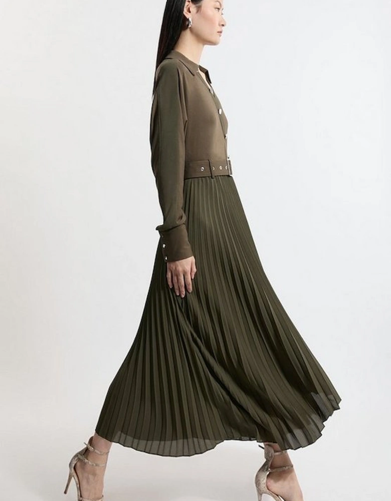Jersey And Georgette Mix Belted Pleat Midi Dress