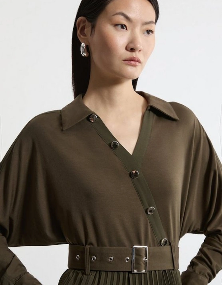 Jersey And Georgette Mix Belted Pleat Midi Dress
