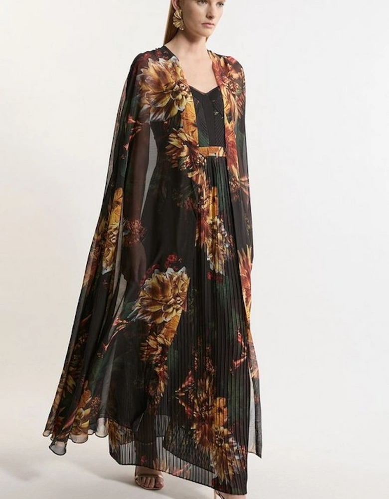 Dark Floral Print Woven Pleated Cape Maxi Dress