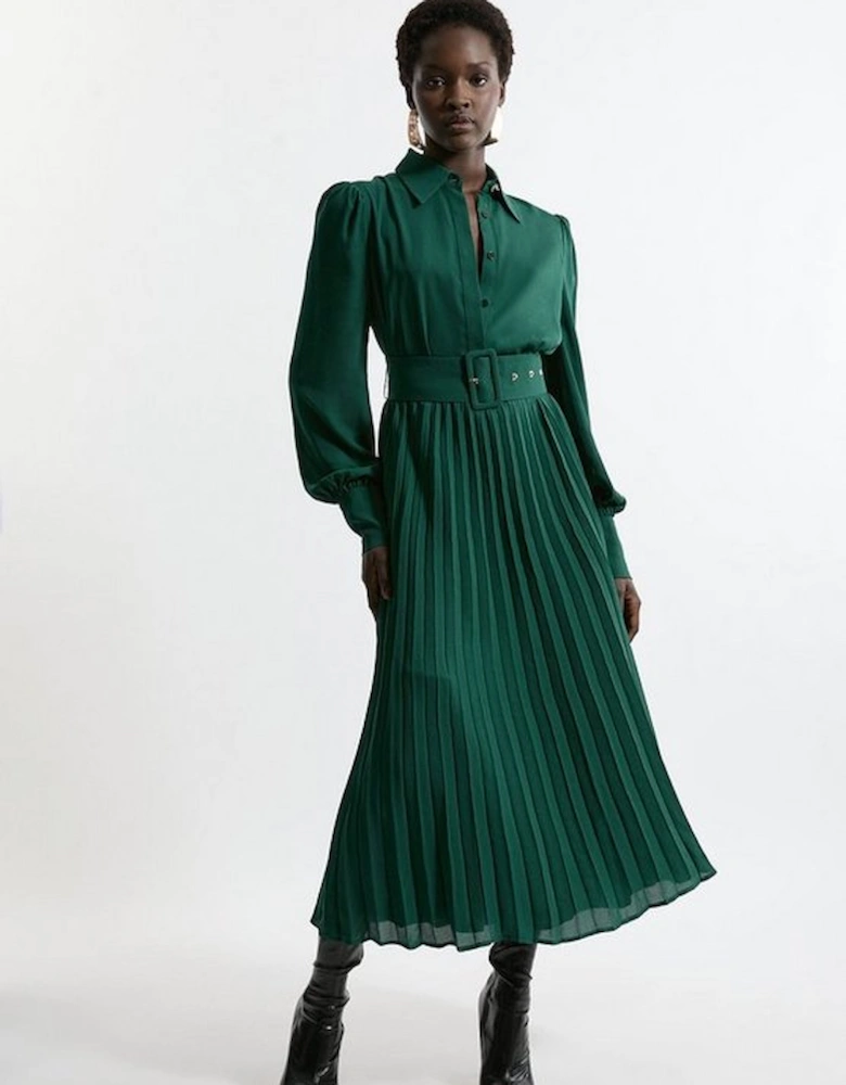 Petite Pleated Woven Maxi Shirt Dress With Belt