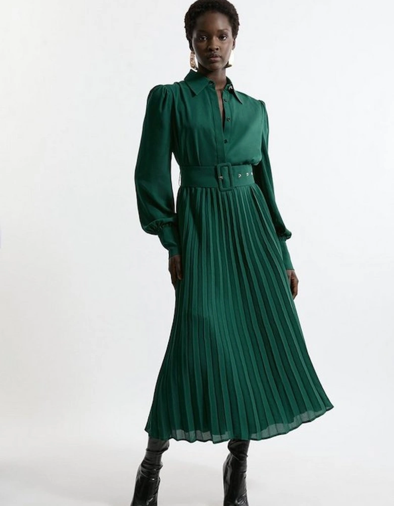 Pleated Woven Midaxi Shirt Dress With Belt