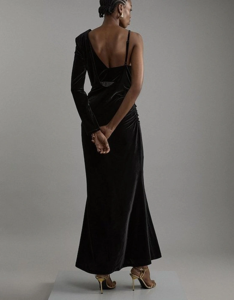 Velvet Asymmetric One Shoulder Tailored Maxi Dress