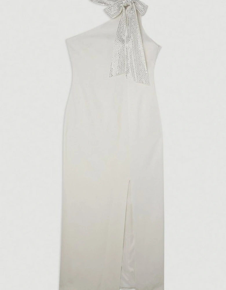Viscose Satin Back Crepe Embellished Tie Detail Midi Dress