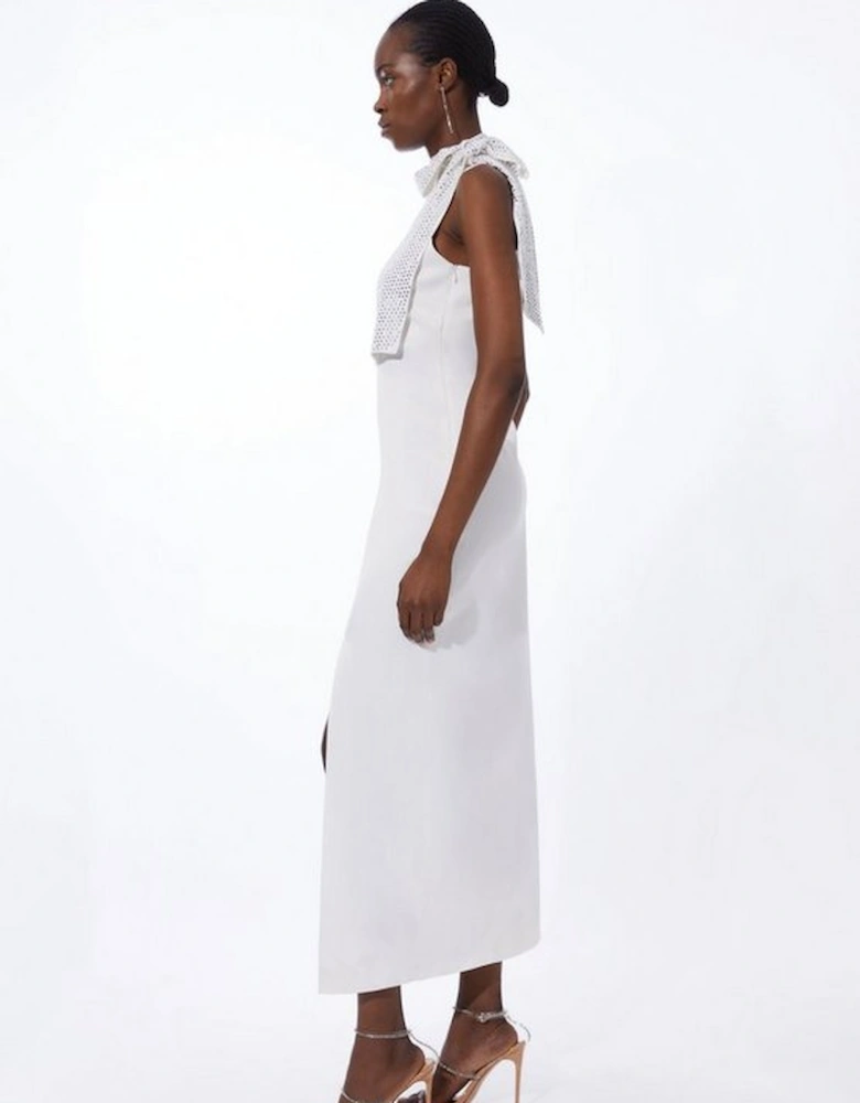 Viscose Satin Back Crepe Embellished Tie Detail Midi Dress